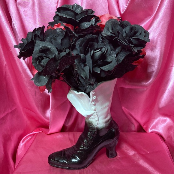 Upcycled Victorian Boot Brass Vase- Black & White - Picture 1 of 6